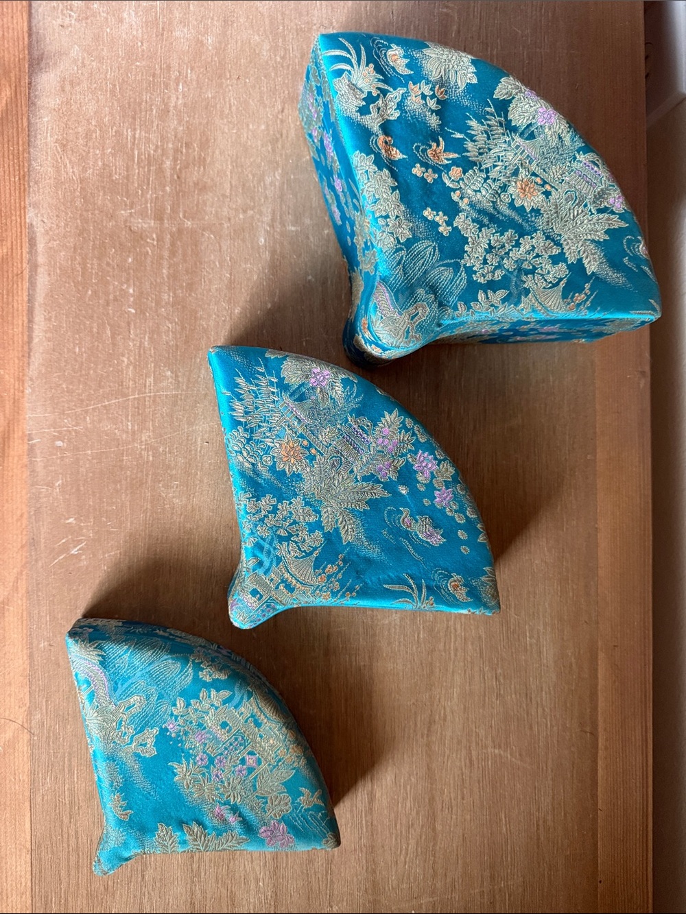 Teal Brocade Decorative Fabric Asian fan nesting - Set of 3